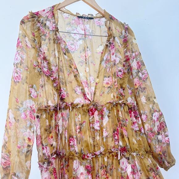 Anthropologie OPT Sheer Tie High Neck Midi Felicity Silk Medium Yellow Floral - Picture 4 of 10